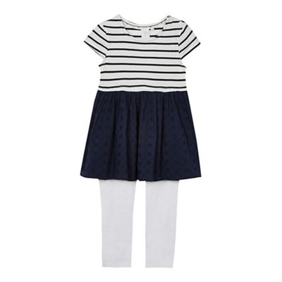 Girls' navy and white broderie dress and leggings set